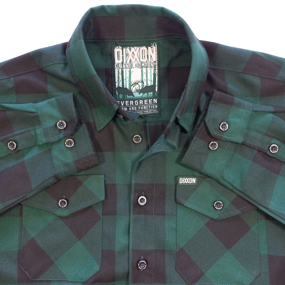 Dixxon Flannel Co Shirt Mens Large L Evergreen Green Black Buffalo Plaid Long Sl